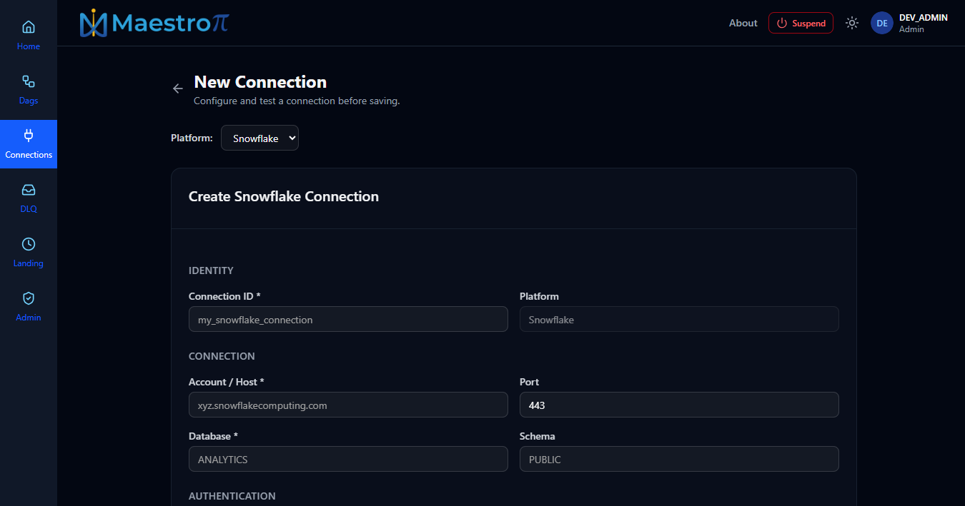 New connection form — top half