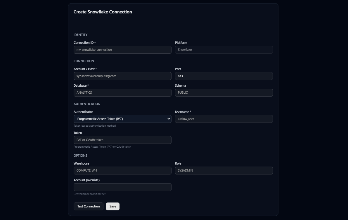 New connection form — authentication & options