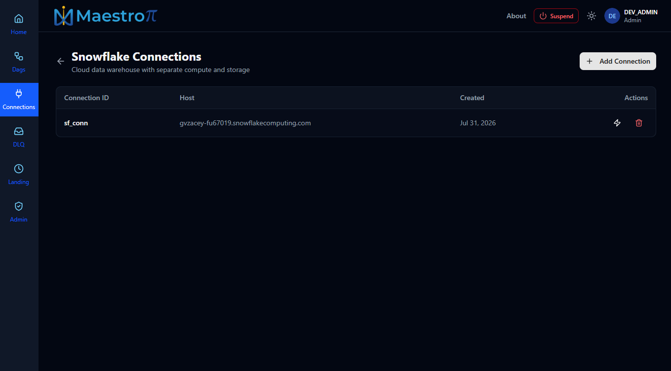 Snowflake connections — with a connection listed