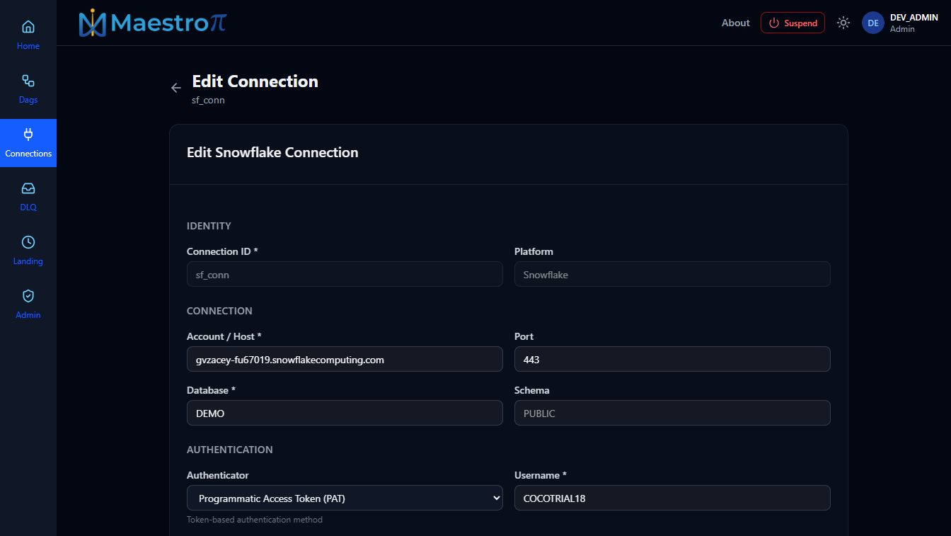 Edit connection form
